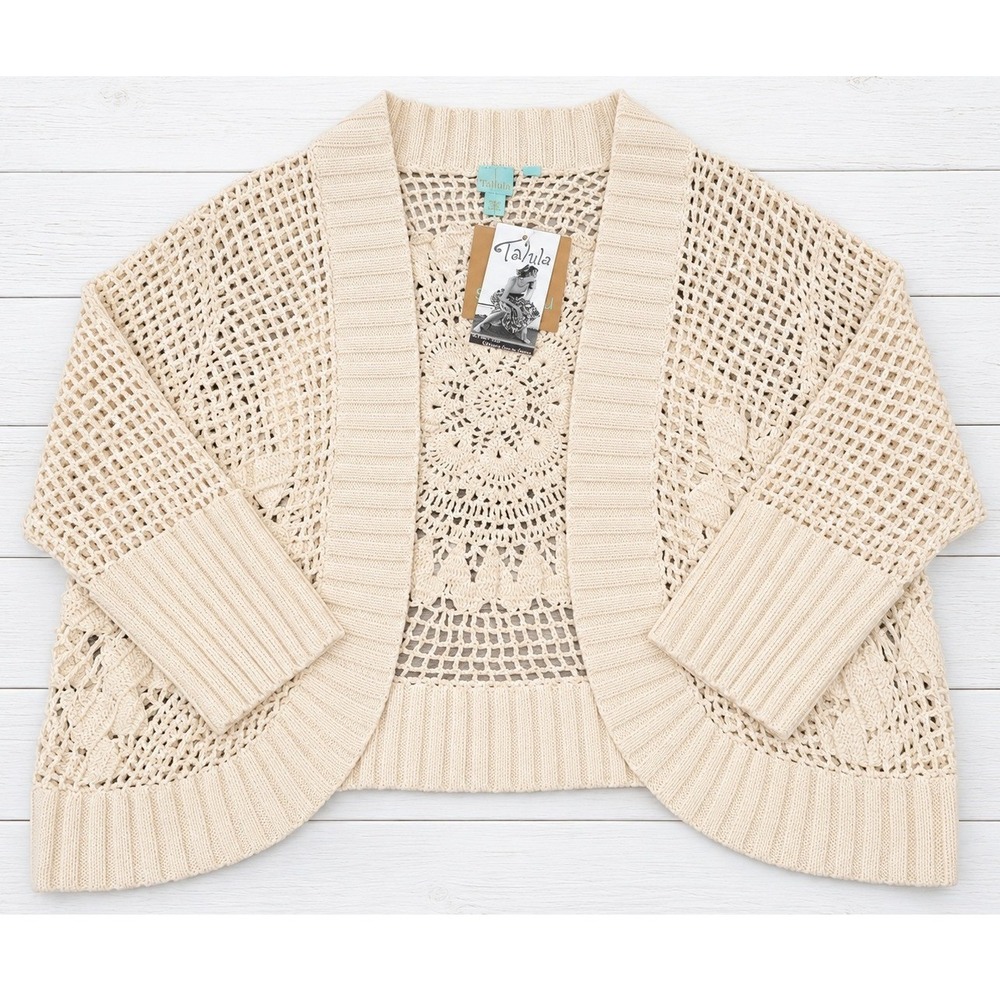 SHU SHU Crochet Cardigan Open Front Bolero Shrug Boho Cottagecore Cream Large